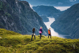 a group of people on a hill overlooking a river